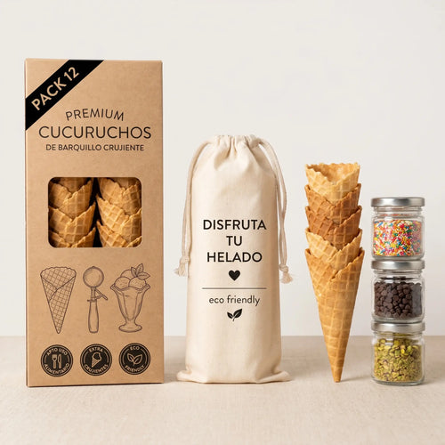Pack Premium 12 Cucuruchos de Barquillo Crujiente + 3 Toppings